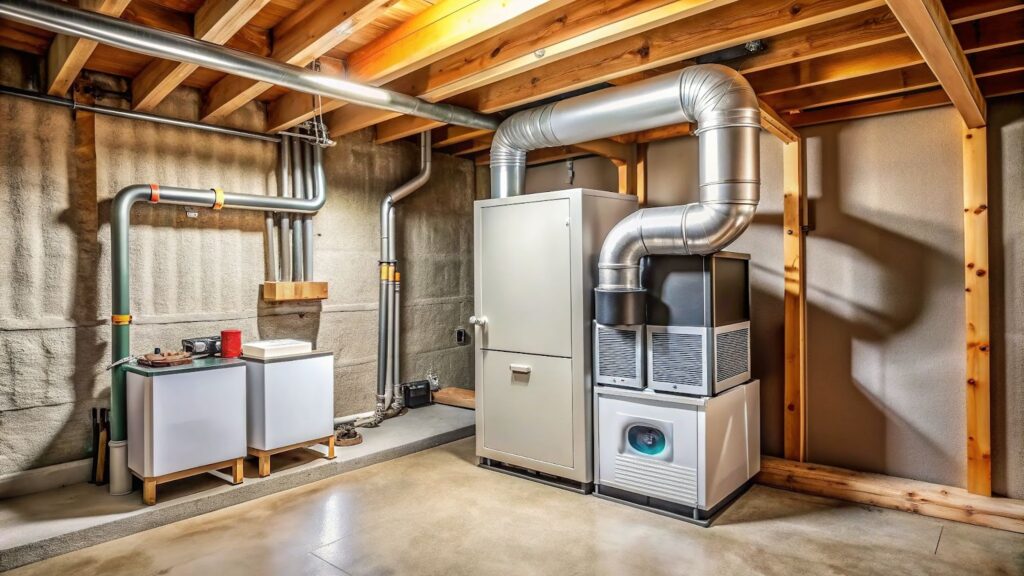 A furnace and air conditioner in a basement, showcasing HVAC services for furnace replacement and repair.