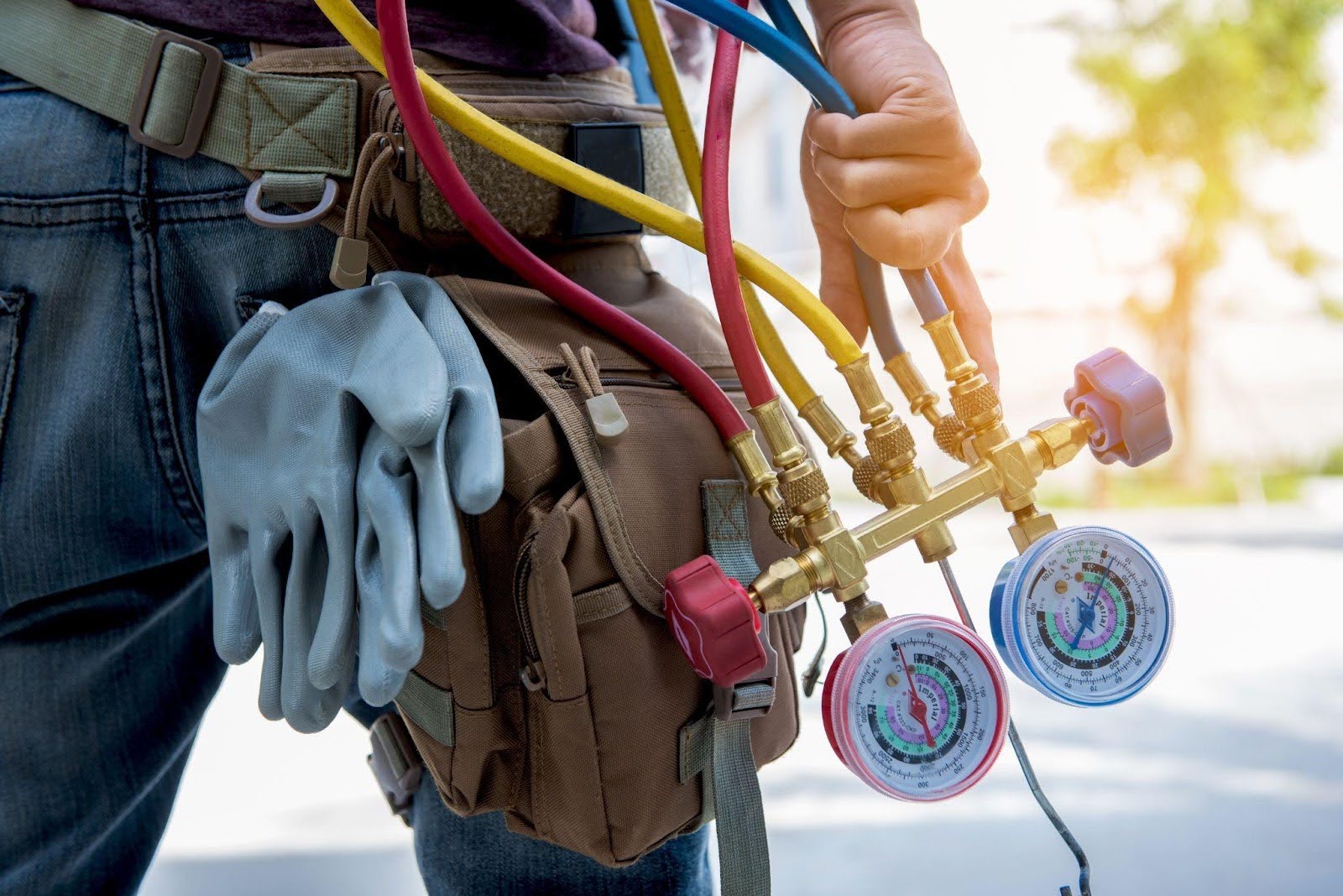 A man holds a hose and tools, prepared for maintenance or repair work in an outdoor setting