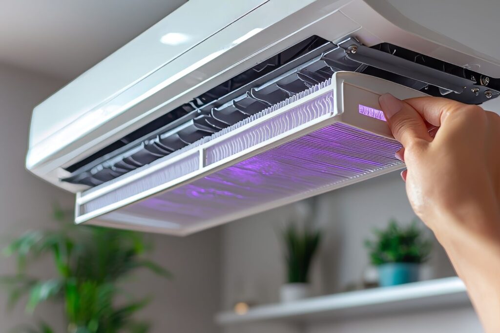 A person holds a purple light-up air conditioner, showcasing innovative HVAC solutions for furnace replacement and repair.