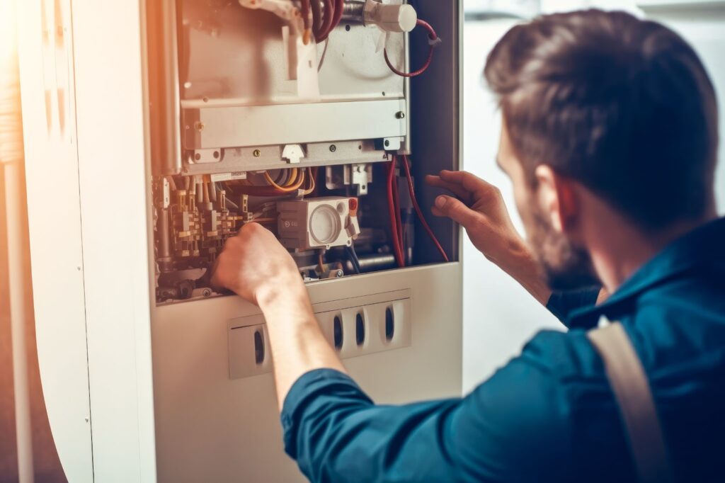 A technician performs maintenance on a home furnace, ensuring optimal HVAC performance and safety.