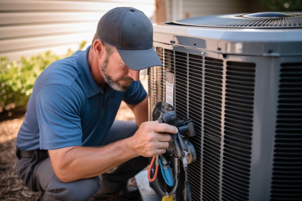 A man diligently working on an air conditioner, adjusting components to restore its functionality