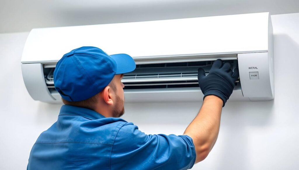 A man wearing a blue shirt and hat is repairing an air conditioner, focused on his task