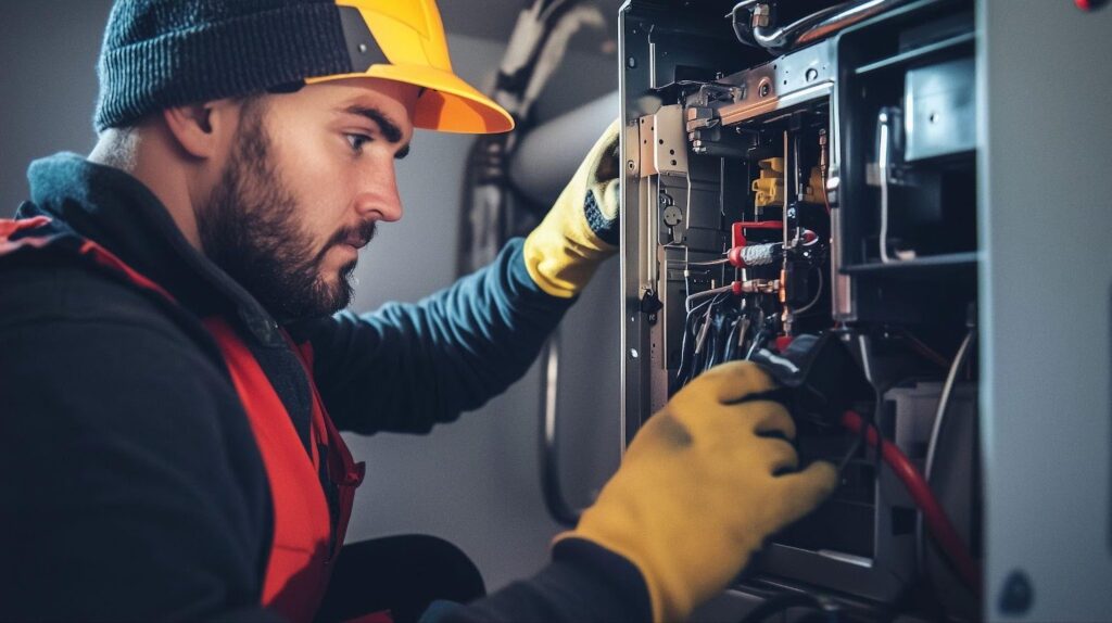 A man wearing a hard hat and yellow gloves is focused on repairing an electrical panel