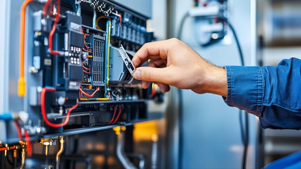 A person adjusting a control panel in a well-lit, professional environment