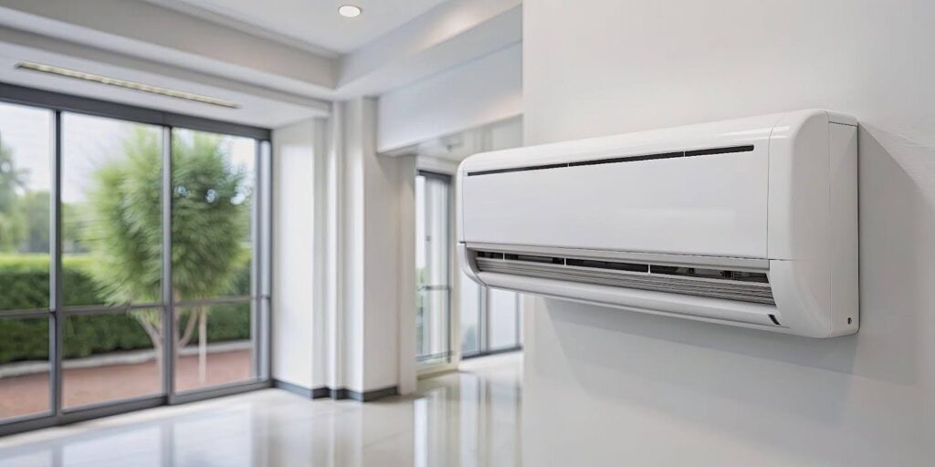 Wall-mounted white air conditioner, designed to enhance indoor climate control and comfort