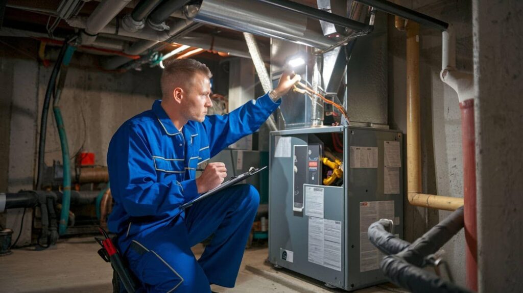 A man in blue overalls checks a furnace for maintenance and efficiency